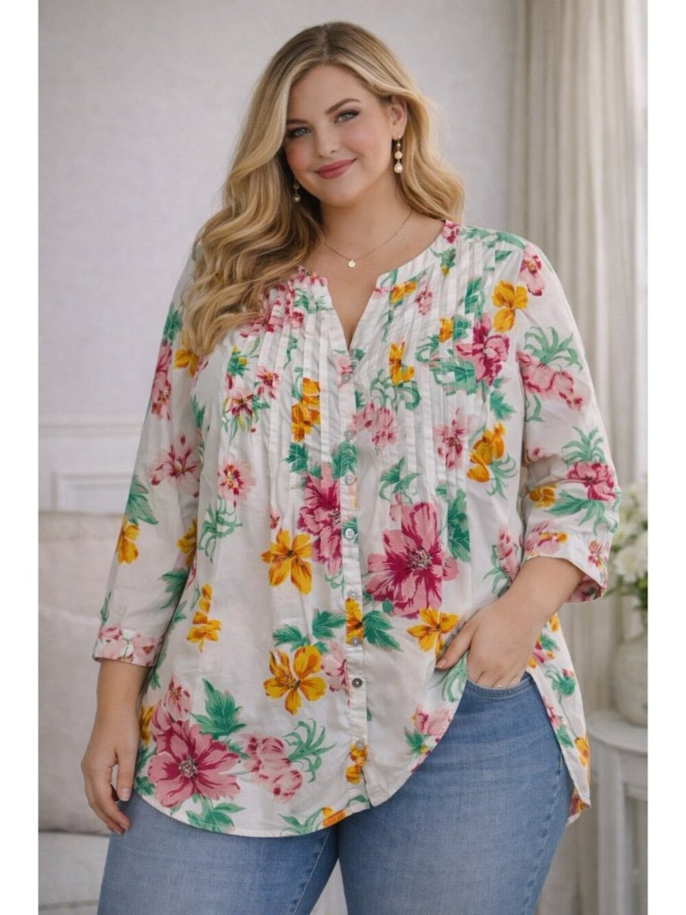 Roamans Floral Button Up Shirt Long roll Sleeve Casual Top Plus Size 20W Pintuck